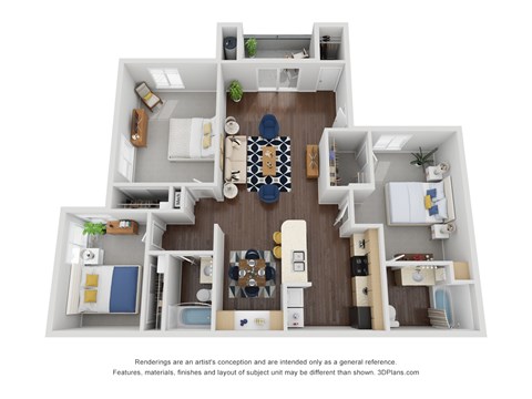 A 3D floor plan of a house with a kitchen, living room, and two bedrooms.