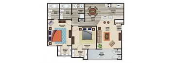 A floor plan of a house with a living room, dining room, kitchen, and two bedrooms.