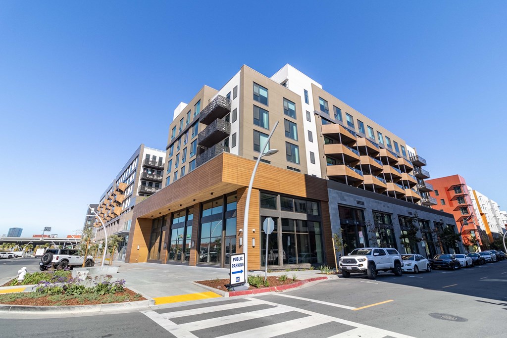 a large building with a street in front of it