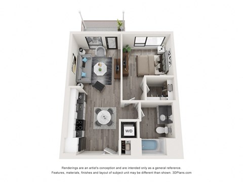 a 3d floor plan of a 1 bedroom apartment