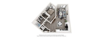 this is a 3d floor plan of a 888 square foot 1 bedroom apartment at the