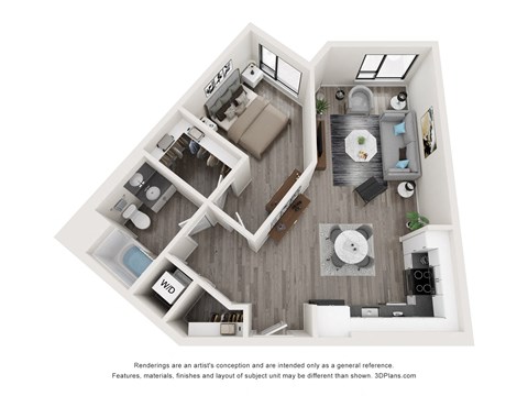 this is a 3d floor plan of a 888 square foot 1 bedroom apartment at the