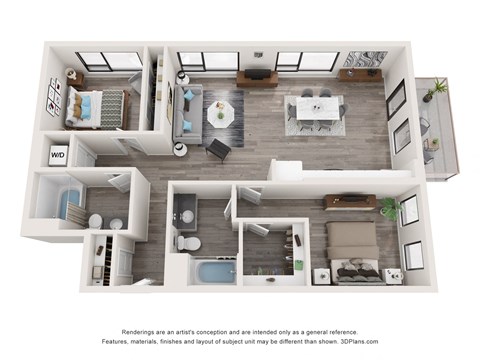a 3d floor plan of a 1 bedroom apartment