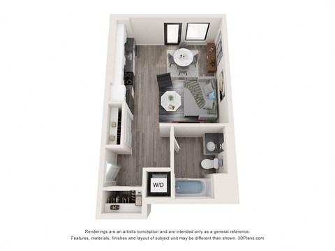 a 3d floor plan of a studio apartment