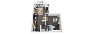 a 1 bedroom floor plan with a bathroom and a living room