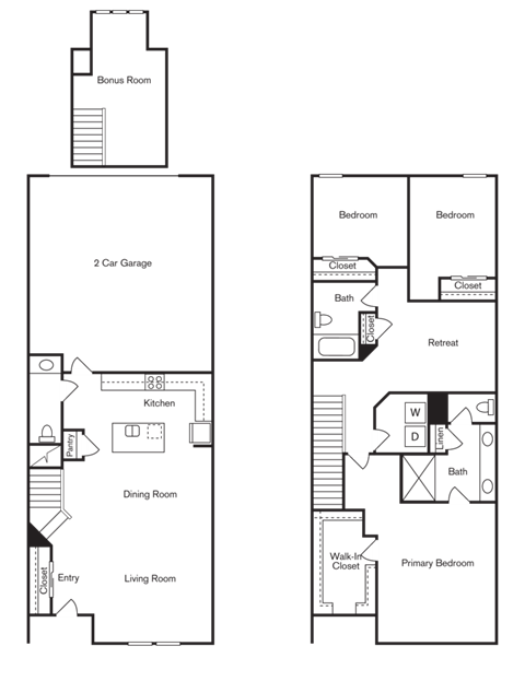 A floor plan of a house with two bedrooms, a living room, a dining room, a kitchen, a bathroom, and a bonus room.