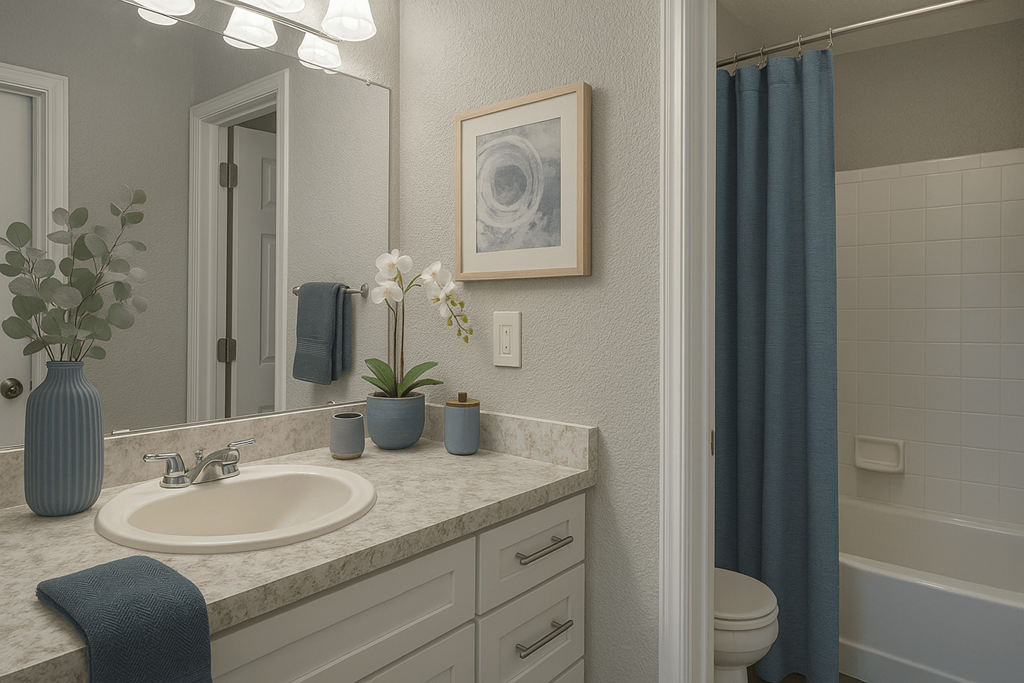 Bathroom at Mirador at Idlewood in Clarkston, Georgia, featuring a large mirror, modern fixtures, and a clean, bright design.