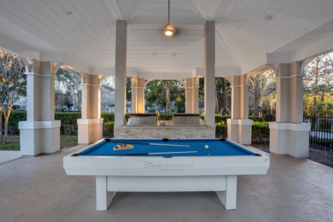 A pool table with Disney Internships written on it.