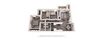 A 3D floor plan of an apartment with a kitchen, living room, and bedrooms.
