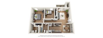 Renovated 2 bedroom 2 bathroom apartment floor plan in Gainesville, FL with 876 sq ft, modern kitchen, open living space, and spacious bedrooms at Chelsea Apartments