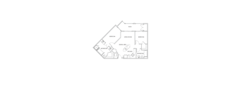 A floor plan of a house with a patio, two bedrooms, a living room, a dining area, a kitchen, and two bathrooms.