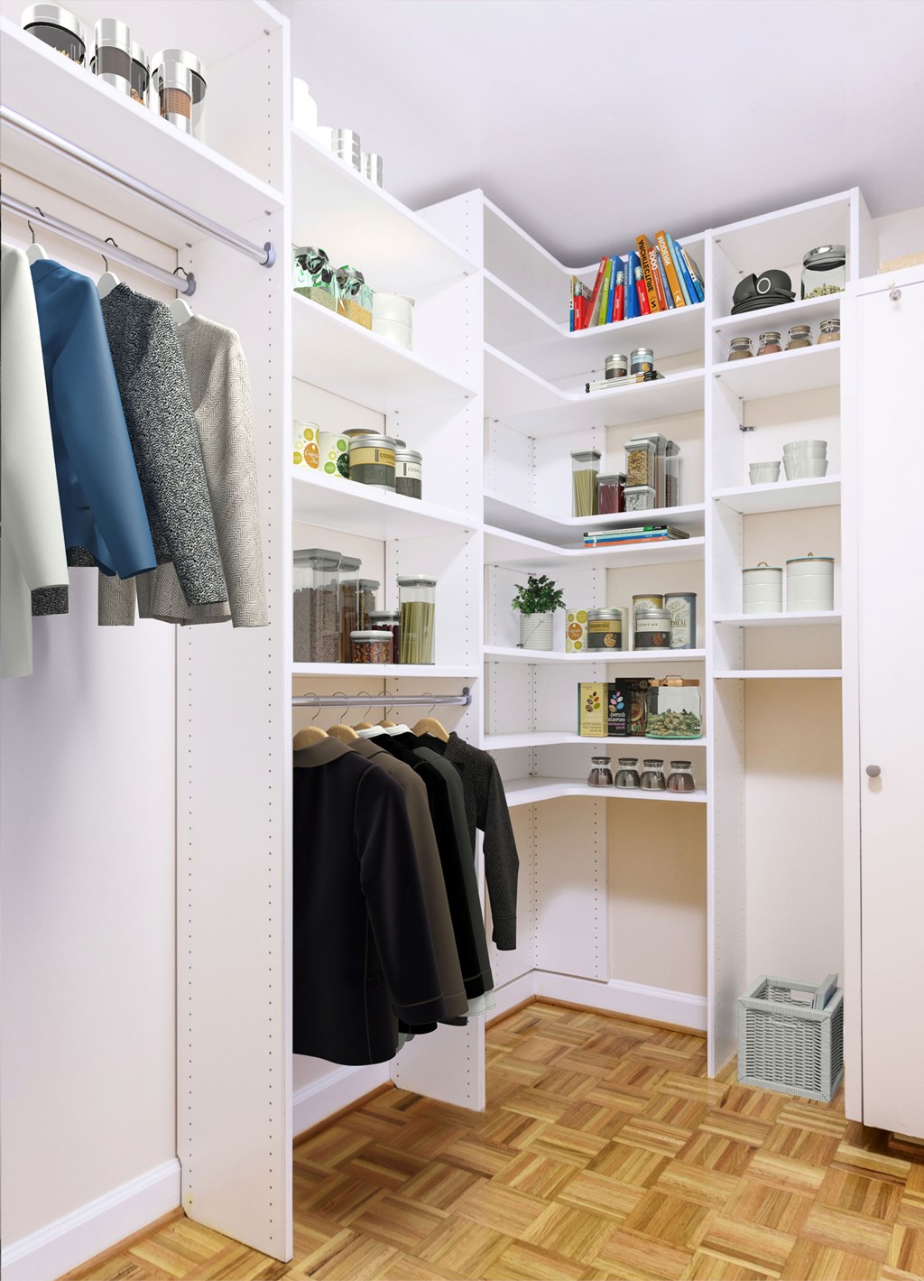 A white closet with clothes hanging and shelves with items.