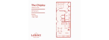 A red floor plan of a one bedroom condo with a list of features and address.