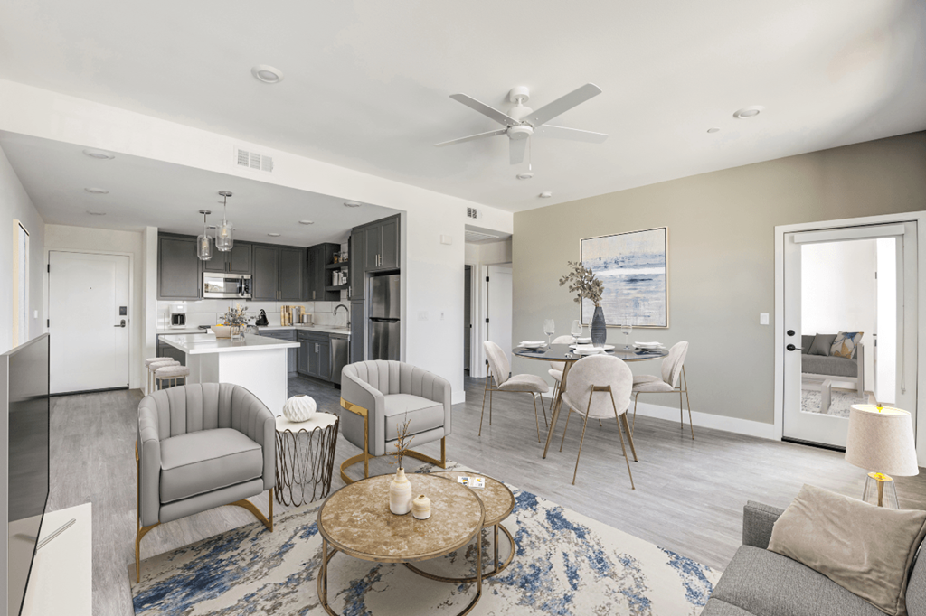 a living room with a dining room and a kitchen
