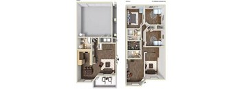 A floor plan of large two-story apartment with a kitchen and living room on the first floor and 3 bedrooms on the second floor.