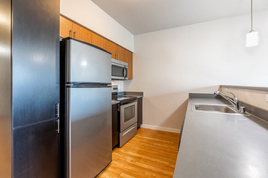 hardwood floors in kitchen with stainless steel appliances