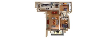 A 3D floor plan of a house with a kitchen, living room, and bedrooms.