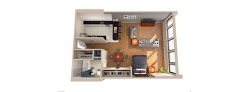 A top-down view of a living room with a couch, chair, and coffee table.