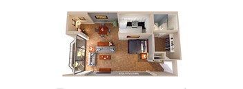 A top-down view of a living room with a couch, a coffee table, and a TV.