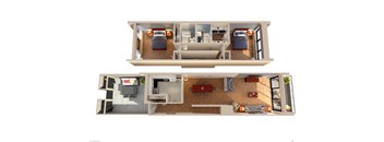 A top and bottom floor plan of a house with a bedroom, living room, kitchen, and bathroom.