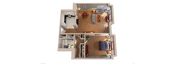 A 3D floor plan of a house with a living room, kitchen, and two bedrooms.
