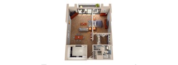 A top down view of a small apartment with a kitchen, living room, and bedroom.