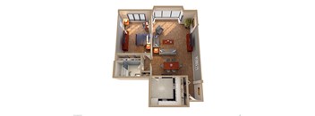 A top down view of a house with a living room, kitchen, and bedrooms.