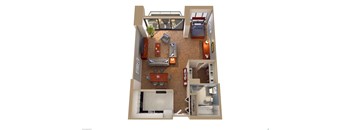 A top down view of a living room, kitchen, and bedroom.