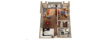 A top down view of a house interior with a dining table, couches, and a kitchen area.