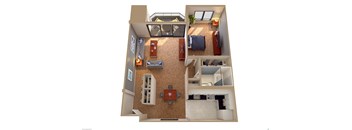 A 3D rendered image of a house layout.