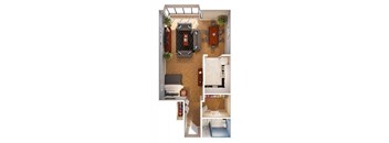 A top-down view of a small apartment with a kitchen, living room, and bathroom.