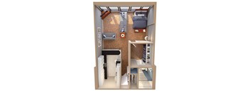 A small room with a bed, a couch, a desk, and a chair.