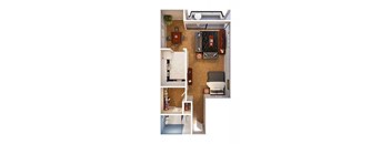 A series of images showing a small apartment layout with a kitchen, living room, and bathroom.