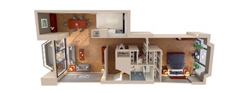 A 3D rendered image of a house layout.