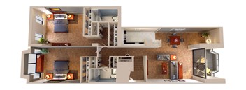A 3D floor plan of a house with two bedrooms, a living room, a kitchen, and a bathroom.