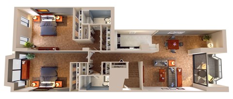 A 3D floor plan of a house with two bedrooms, a living room, a kitchen, and a bathroom.