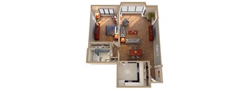 A 3D floor plan of a house with a kitchen, living room, and bathroom.