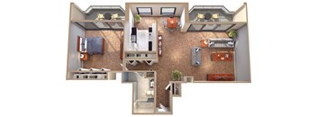 A cutaway view of a house showing the layout of the rooms.
