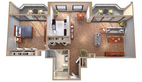 A cutaway view of a house showing the layout of the rooms.