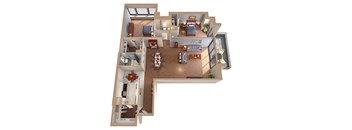 A 3D floor plan of a house with a kitchen, living room, dining room, and bedrooms.