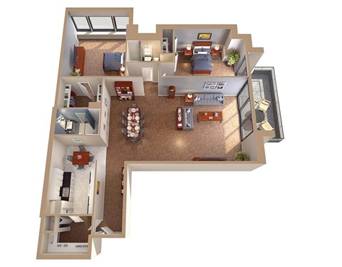 A 3D floor plan of a house with a kitchen, living room, dining room, and bedrooms.