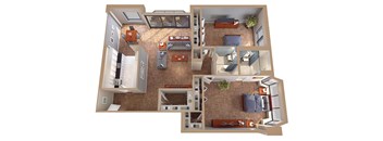 A 3D floor plan of a house with a kitchen, living room, and bedrooms.