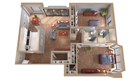 A 3D floor plan of a house with a kitchen, living room, and bedrooms.