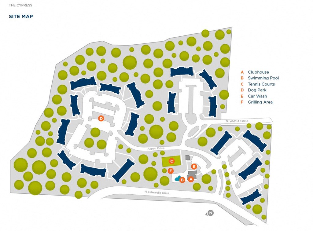 The Cypress apartment complex site map showing building locations, clubhouse, swimming pool, tennis courts, dog park, car wash, and grilling area.