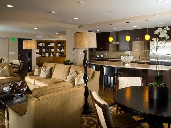 A modern living room with a brown couch and a black coffee table.