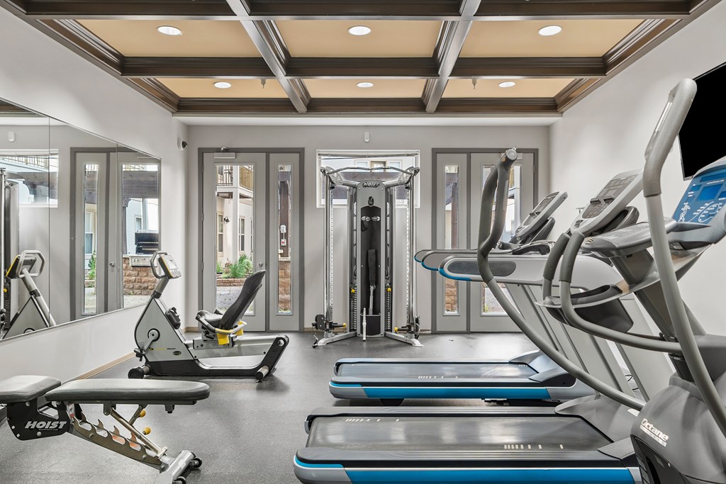 A gym with treadmills, exercise bikes, and other equipment.