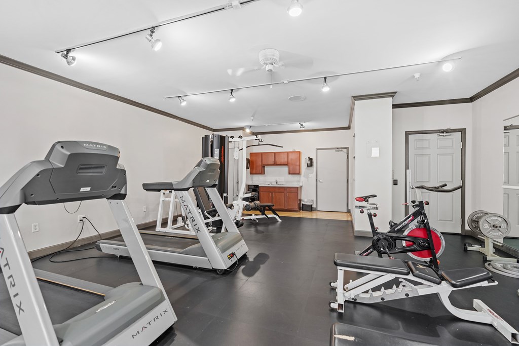 A gym with treadmills, a stationary bike, and a weight bench.