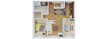 a 3d drawing of a house with a bedroom and a living room