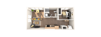 A 3D rendered image of a modern kitchen with a dining area.