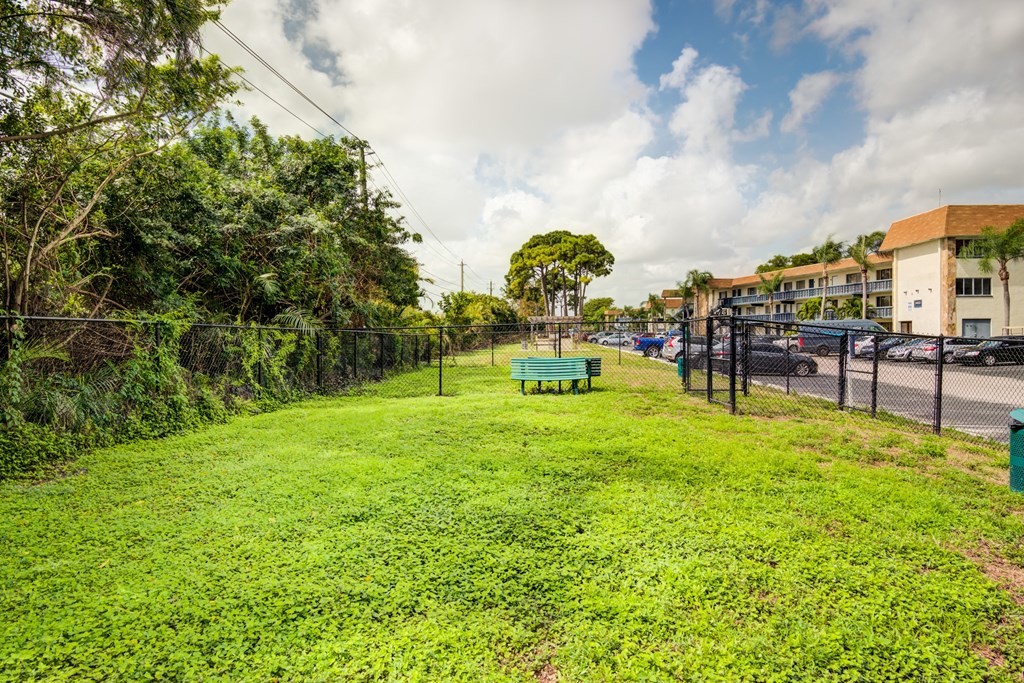 a green park with a bench next to a fence